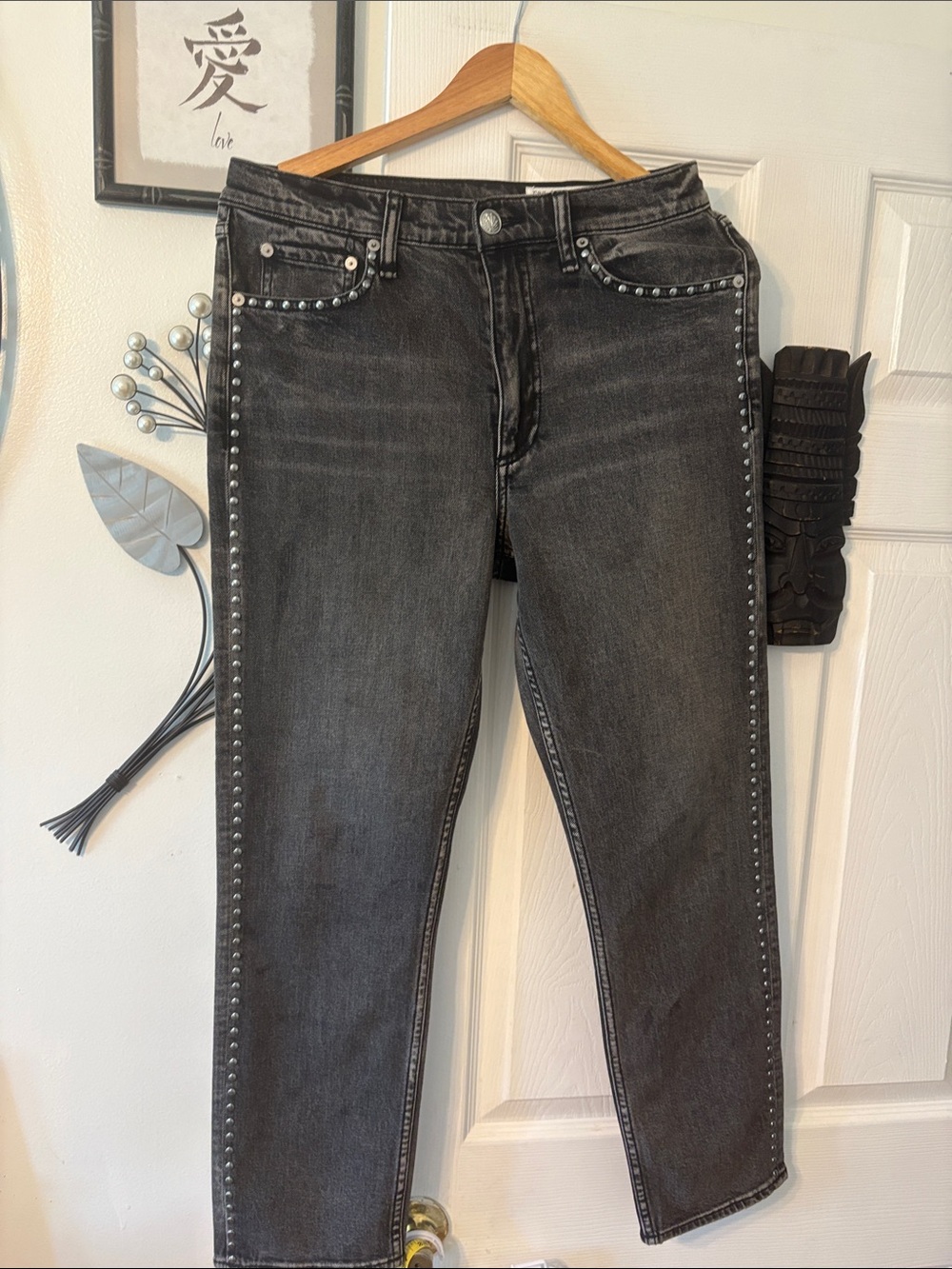 rag & bone Black Washed Denim Jeans with Stud Accent
